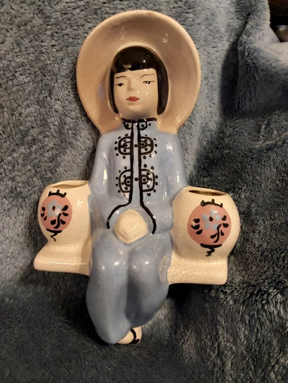 VINTAGE MCM Chinoiserie Lady Wall Pocket:  Asian Decor w Baskets for flowers1940